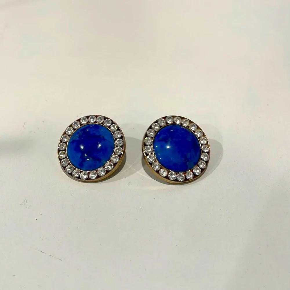 Vintage costume lapis and rhinestone earrings. EUC